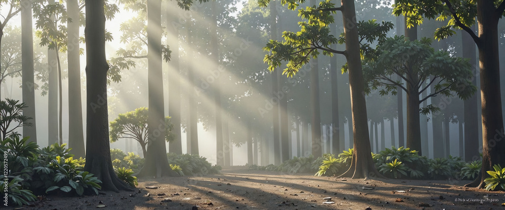 Poster a forest with sunlight shining through the trees. the sunlight is casting shadows on the ground, cre