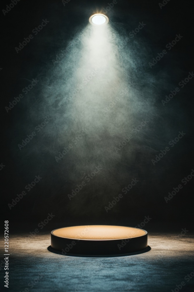 Poster a spotlight illuminates an empty stage, creating a dramatic atmosphere with soft smoke and shadows, 