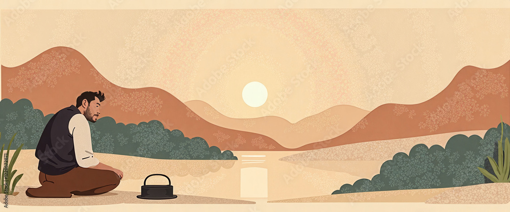 Poster a man is sitting on the ground with a kettle in front of him. the scene is set in a desert with moun