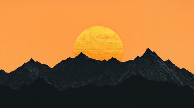 A silhouette of a mountain range in black on a solid sunset orange background