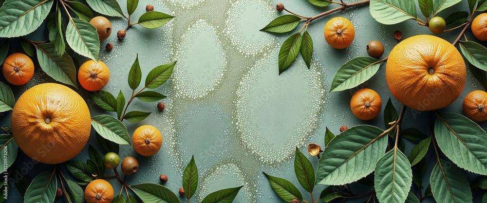 Poster a close up of oranges and leaves with a blue background. the oranges are arranged in a circle and th