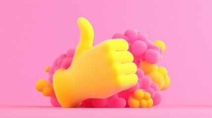 A vibrant and playful yellow thumb symbolizing positivity, set against a pastel pink background infused with colorful bubbles.