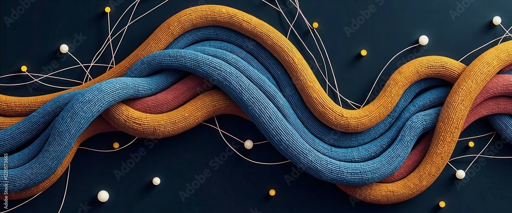 Poster a colorful wave with blue and orange stripes. the wave is made up of many small dots. the image has 