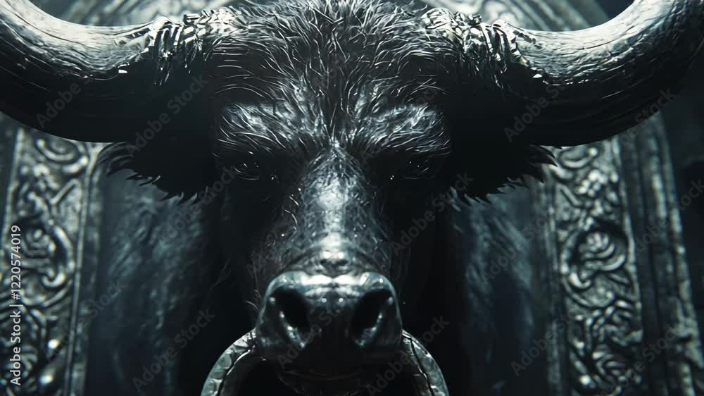 Poster dark and powerful bull sculpture with intricate background design in an artistic setting