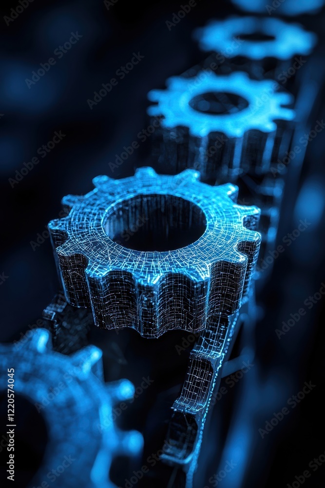 Poster close-up view of interconnected blue gears, showcasing intricate details and mechanical design in a 