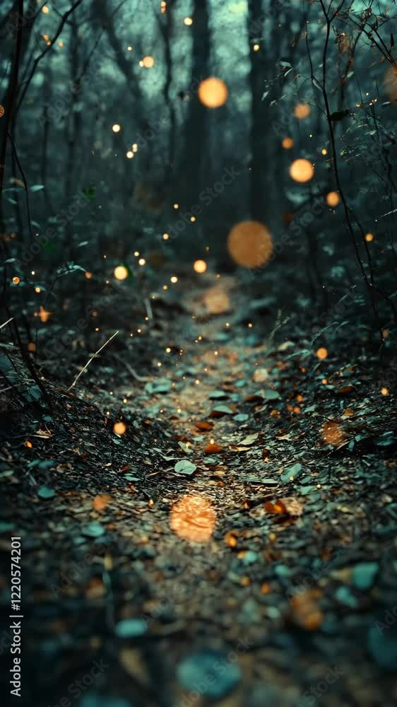 Poster magical pathway illuminated by soft glowing orbs in a serene forest during twilight
