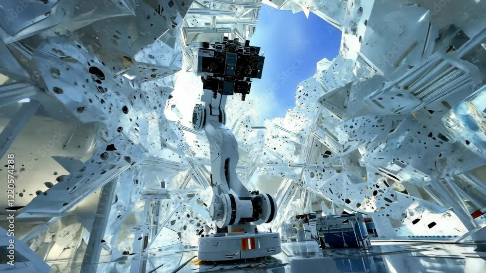 Poster robot navigating through a futuristic ice-like environment with fractured structures and bright blue