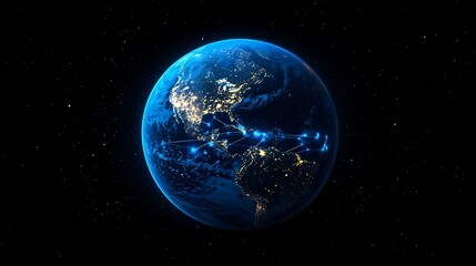 A close up of the Earth at night glowing blue light