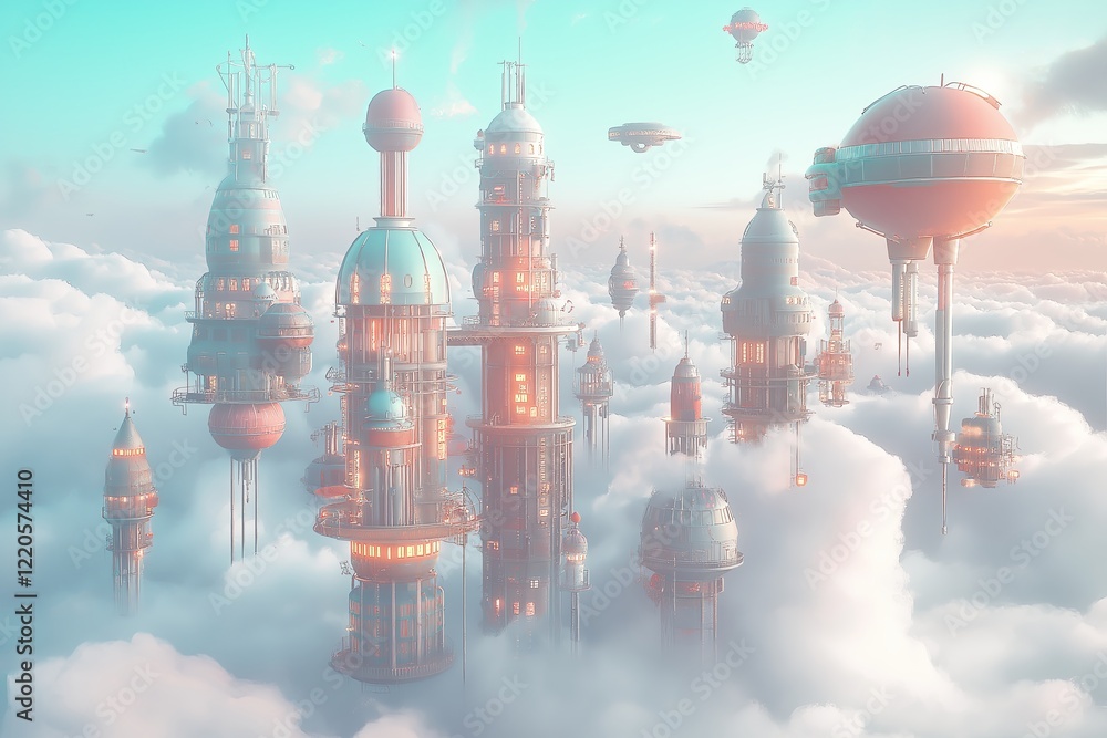 Poster a whimsical city in the clouds with floating airships and pastel towers.
