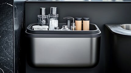 Modern bathroom organizer with toiletries, sink background