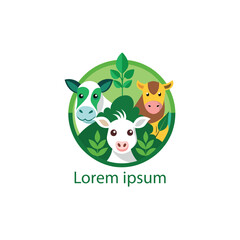 Farm animals logo. Vector illustration with cow, pig, goat and chicken. Livestock pattern with farm animals and leaves. Green logo for agricultural