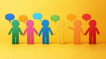 Fototapeta premium Colorful paper cutouts representing diverse people in conversation with speech bubbles, ideal for communication or teamwork concepts.