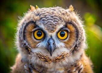Obraz premium Adorable Great Horned Owlet Close-Up: Macro Photography of Baby Owl Eyes