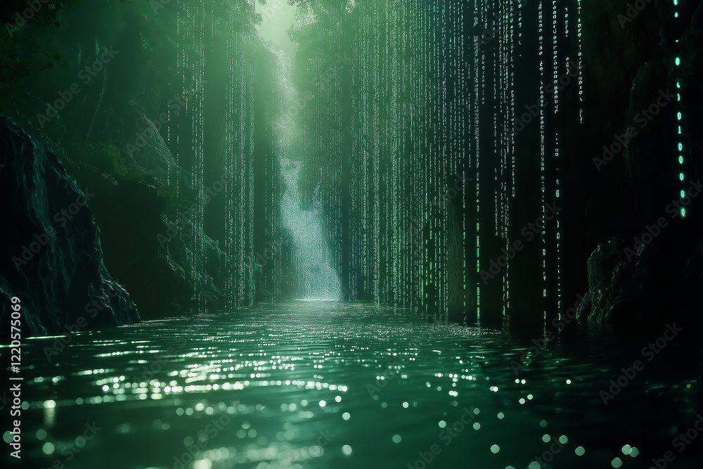 Poster A surreal digital matrix of glowing code flowing like a waterfall 