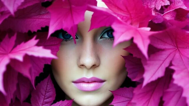 Close-up portrait of a woman framed by vibrant pink leaves showcasing natural beauty and striking eyes