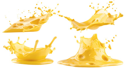 Set of melted cheese splashes, isolated on white background