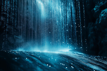 A surreal digital matrix of glowing code flowing like a waterfall 