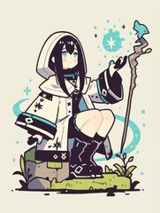 Anime Girl Mage Casting a Spell with Staff