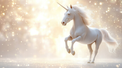 Fototapeta premium Magical unicorn leaps in enchanted forest fantasy art dreamy atmosphere ethereal glow