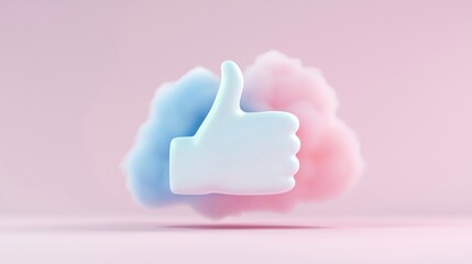 Fototapeta premium Stylized thumb up sign surrounded by pastel clouds, symbolizing positivity and approval in a modern design.