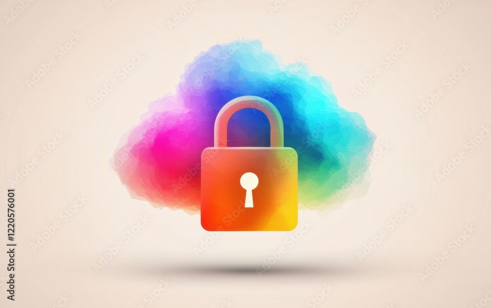 Poster colorful cloud with a secure padlock symbol, representing data protection and digital security conce