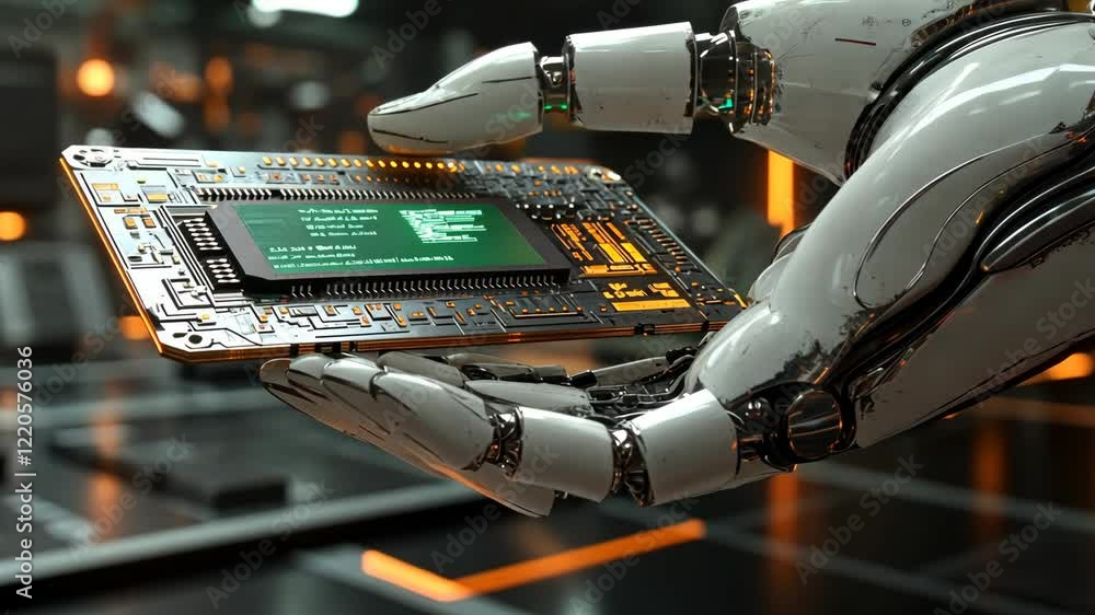 Poster robot hand holds electronic circuit board in a high-tech environment with glowing elements