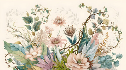 Flowers and plants. Hand drawn floral collection with flowers and leaves.