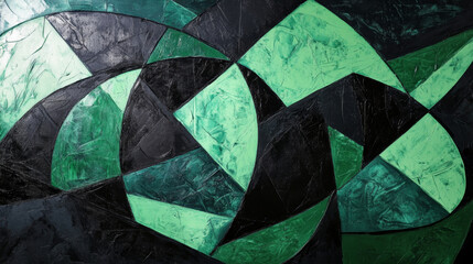 A monochrome black-and-green abstract painting with geometric shapes, blending organic and sharp lines 