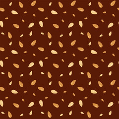 White Sesame seeds pattern on brown background. Bakery ingredient sesame. Vector abstract print