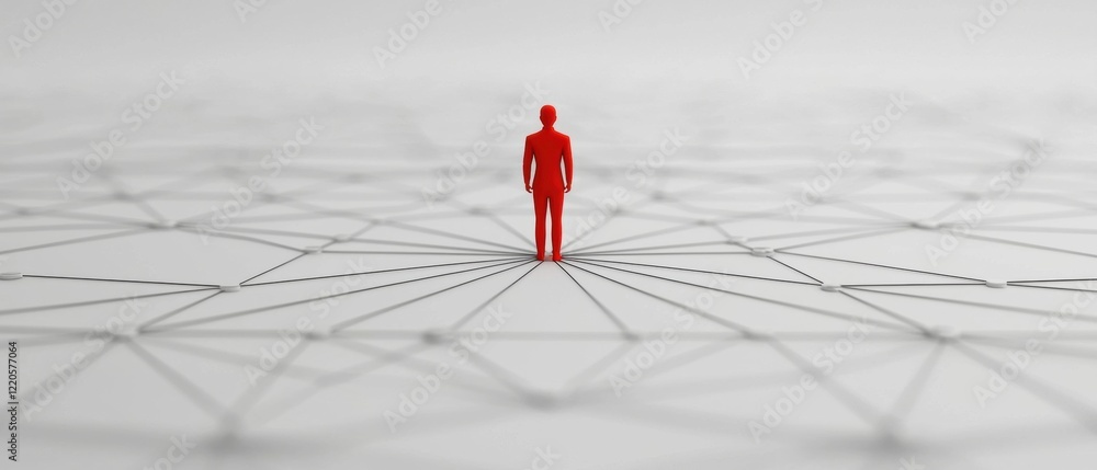 Poster a red figure stands in the center of a network pattern, symbolizing connectivity and individual impo