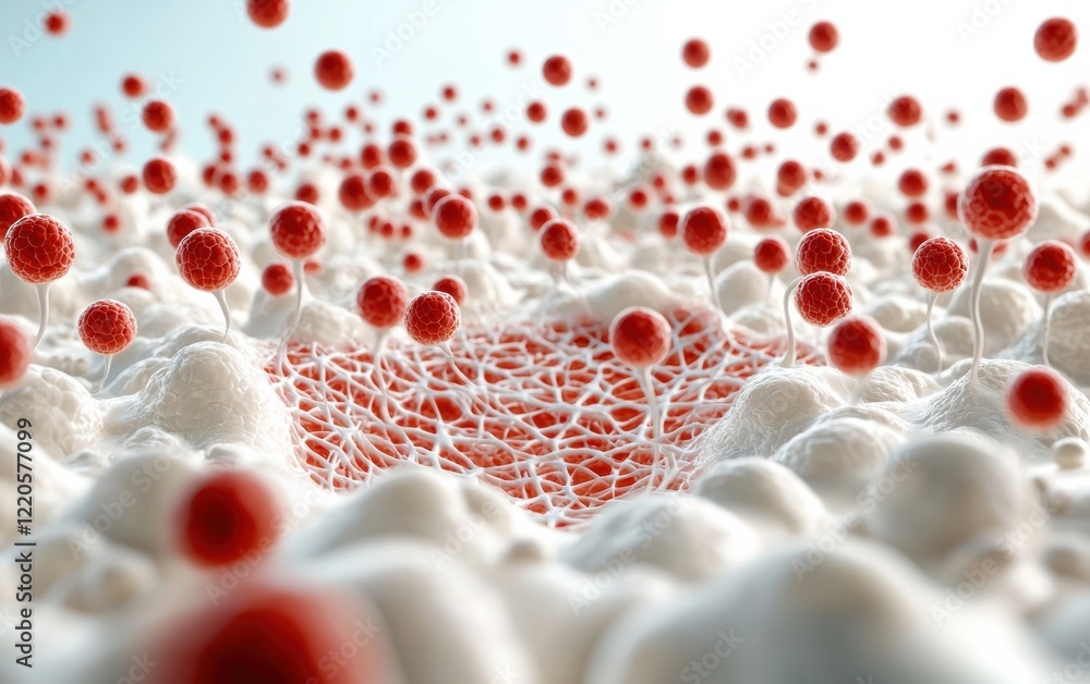 Poster abstract representation of cellular structures with red spheres over a white background, symbolizing