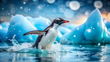 Adorable Penguin Splashing in Antarctic Waters - Bokeh Effect Stock Photo
