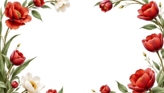 Red and white flowers frame transparent background