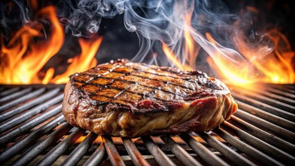 Sizzling beef steak on a grill with sizzling fat drips and aromatic smoke , fire, cooking,  fire, cooking, grill, nature