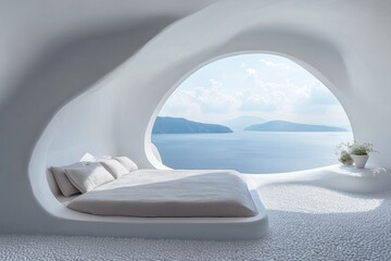 A minimalist Minimalist interior design style bedroom with a large circular window overlooking a serene ocean view. The room features a bed with soft bedding and a smooth, organic design.