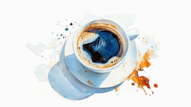 Black coffee in a stylish cup, vibrant watercolor illustration, isolated on white, perfect for digital projects and creative designs, versatile clipart element.
