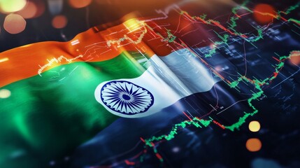 Indian Flag Draped Over Stock Market Graph Financial Growth and Investment in India