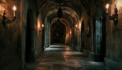 Fototapeta premium Mysterious Gothic Arched Hallway illuminated by candlelight and lanterns