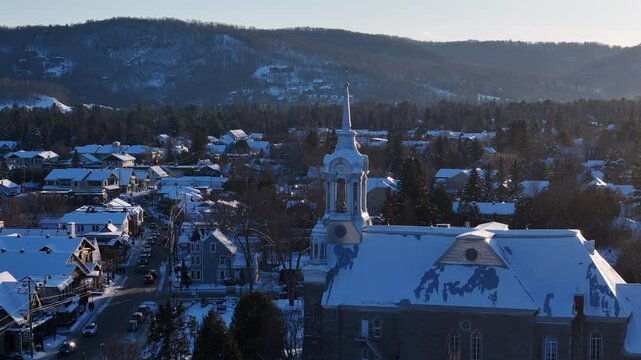 Small Town Flyover in Winter (Laurentians, North of Montreal)