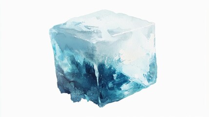 Obraz premium Ice cube illustration, vibrant watercolor effect, isolated on clean white backdrop, perfect for digital design projects, featuring die-cut clipart style for versatile use