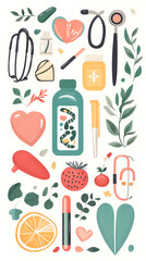 An assortment of vector graphics highlighting health and wellness themes.