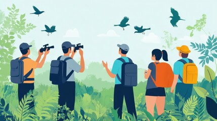 A group individuals engages in birdwatching promoting conservation awareness wildlife habitats