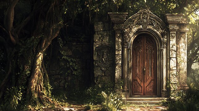 Ancient door in forest, entrance to a secret place