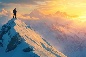 A lone hiker stands atop a snow-covered mountain peak, basking in the golden glow of a breathtaking sunset.
