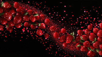 Dynamic Composition of Red Strawberries on Black Background