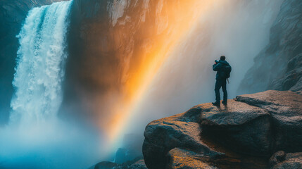 A photographer capturing a waterfall from a rocky vantage point, with a rainbow forming in the mist