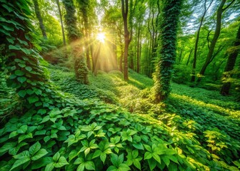 Fototapeta premium Aerial Drone Shot of Poison Ivy Vine Spreading Across Forest Floor