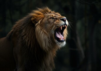 Fototapeta premium A lion standing in the forest with a blurred dark background, wild life