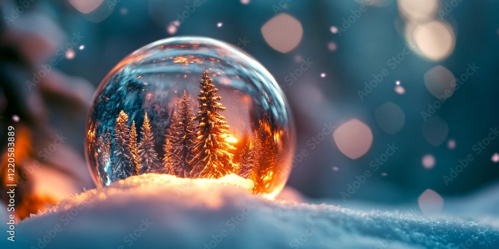 Poster a beautiful winter scene captured inside a snow globe. tiny trees and soft snow create a serene atmo
