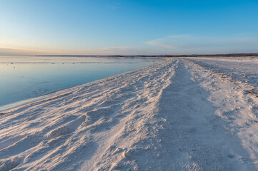A spectacular winter landscape in the Russian countryside with waterfront. Surroundings of Taganrog.